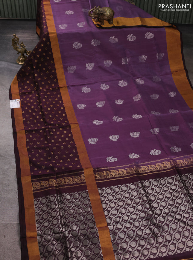 Pure uppada silk saree pastel purple and coffee brown with silver zari woven buttas and long zari woven butta border