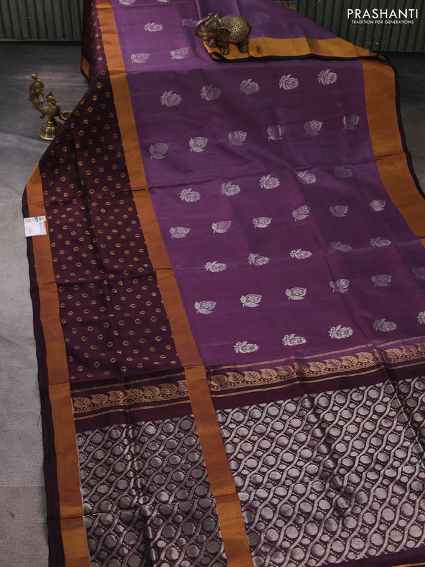 Pure uppada silk saree pastel purple and coffee brown with silver zari woven buttas and long zari woven butta border