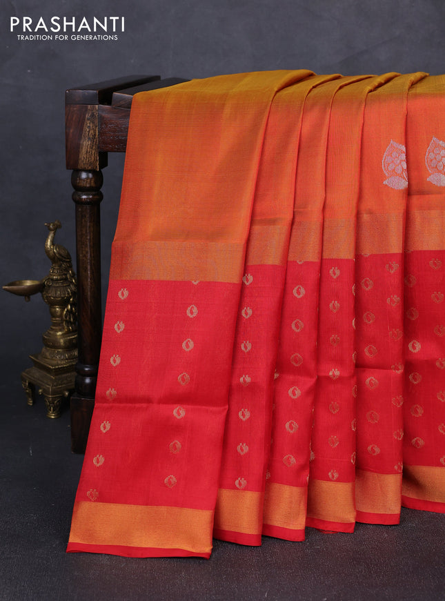 Pure uppada silk saree sunset orange and red with silver zari woven buttas and long zari woven butta border