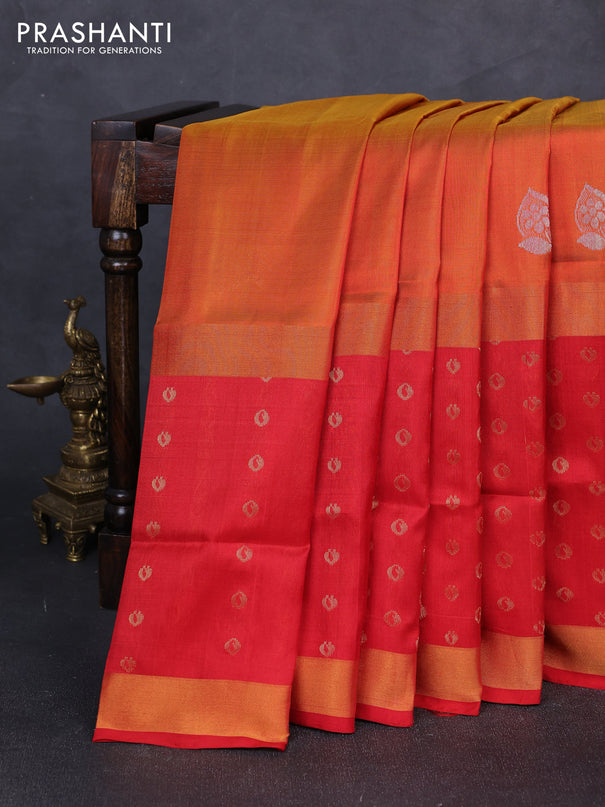 Pure uppada silk saree sunset orange and red with silver zari woven buttas and long zari woven butta border