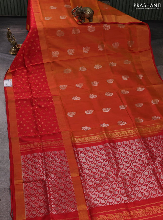 Pure uppada silk saree sunset orange and red with silver zari woven buttas and long zari woven butta border