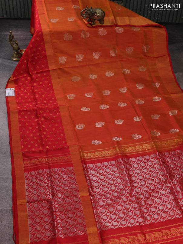 Pure uppada silk saree sunset orange and red with silver zari woven buttas and long zari woven butta border