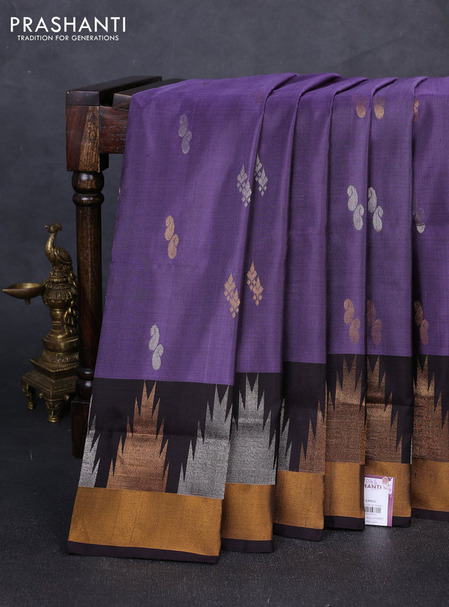 Pure uppada silk saree pastel violet and coffee brown with silver & gold zari woven buttas and temple zari woven border