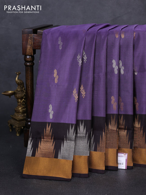 Pure uppada silk saree pastel violet and coffee brown with silver & gold zari woven buttas and temple zari woven border