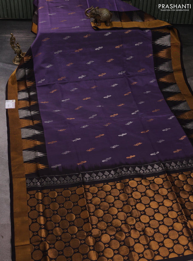 Pure uppada silk saree pastel violet and coffee brown with silver & gold zari woven buttas and temple zari woven border