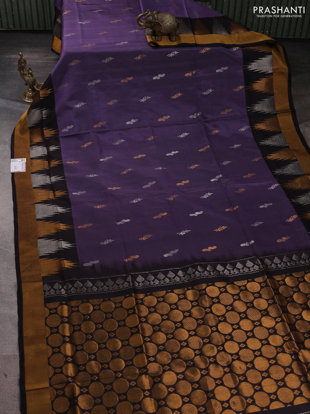 Pure uppada silk saree pastel violet and coffee brown with silver & gold zari woven buttas and temple zari woven border