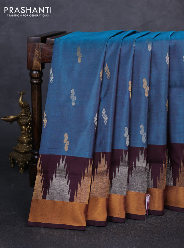 Pure uppada silk saree peacock green and coffee brown with silver & gold zari woven buttas and temple zari woven border