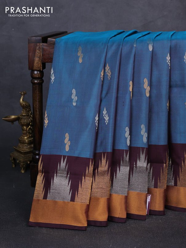 Pure uppada silk saree peacock green and coffee brown with silver & gold zari woven buttas and temple zari woven border