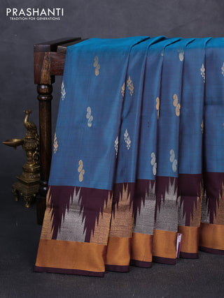 Pure uppada silk saree peacock green and coffee brown with silver & gold zari woven buttas and temple zari woven border