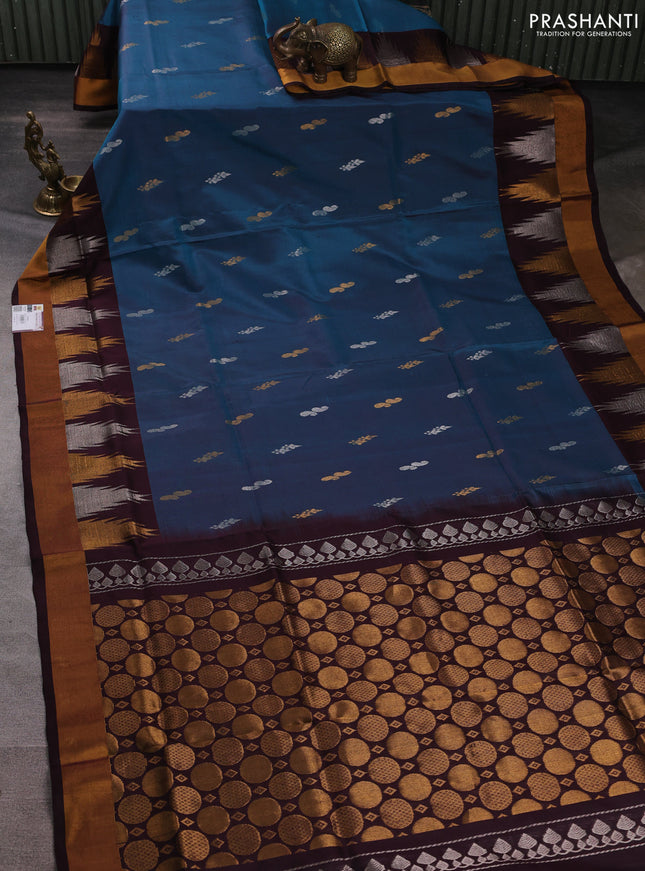 Pure uppada silk saree peacock green and coffee brown with silver & gold zari woven buttas and temple zari woven border