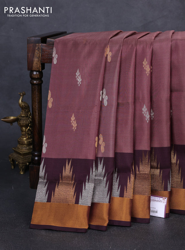 Pure uppada silk saree rosy brown and coffee brown with silver & gold zari woven buttas and temple zari woven border