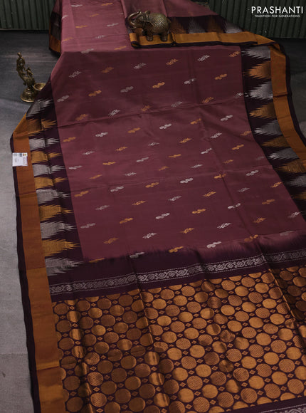 Pure uppada silk saree rosy brown and coffee brown with silver & gold zari woven buttas and temple zari woven border