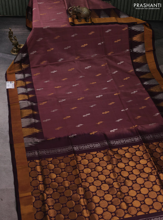 Pure uppada silk saree rosy brown and coffee brown with silver & gold zari woven buttas and temple zari woven border