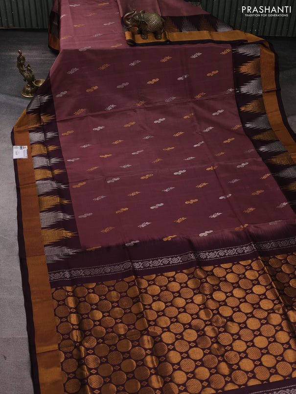 Pure uppada silk saree rosy brown and coffee brown with silver & gold zari woven buttas and temple zari woven border