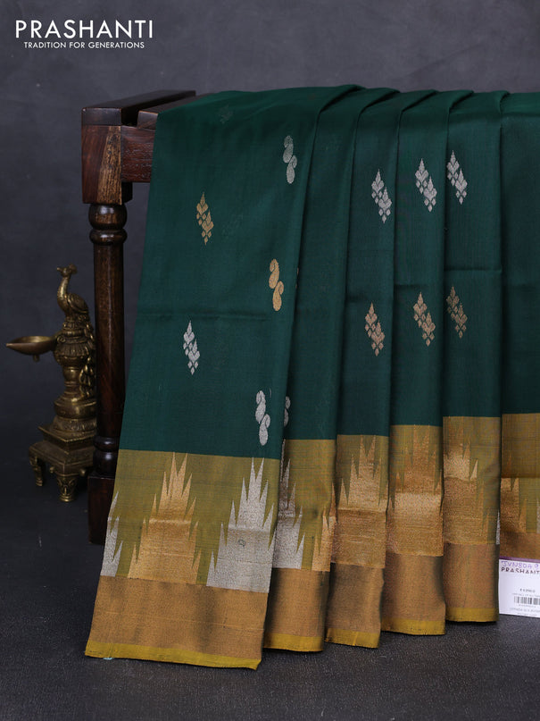 Pure uppada silk saree bottle green and mustard green with silver & gold zari woven buttas and temple zari woven border