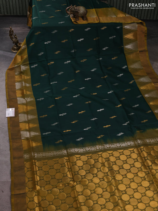Pure uppada silk saree bottle green and mustard green with silver & gold zari woven buttas and temple zari woven border