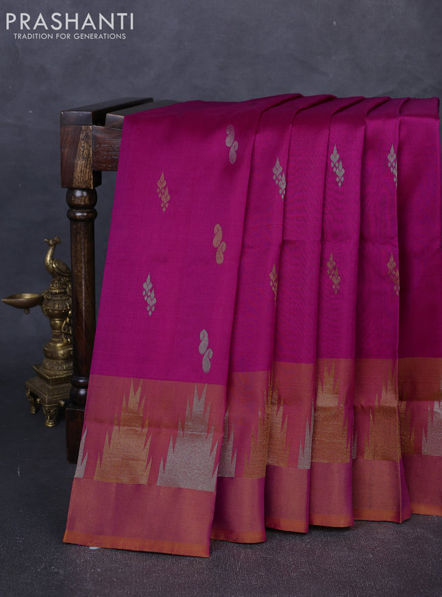 Pure uppada silk saree pink and dual shade of dark mustard with silver & gold zari woven buttas and temple zari woven border