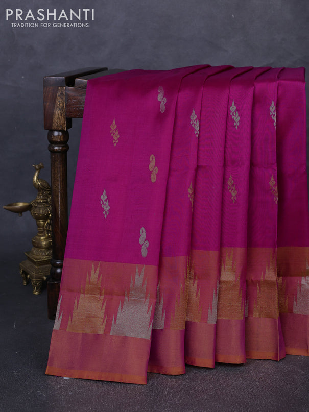 Pure uppada silk saree pink and dual shade of dark mustard with silver & gold zari woven buttas and temple zari woven border