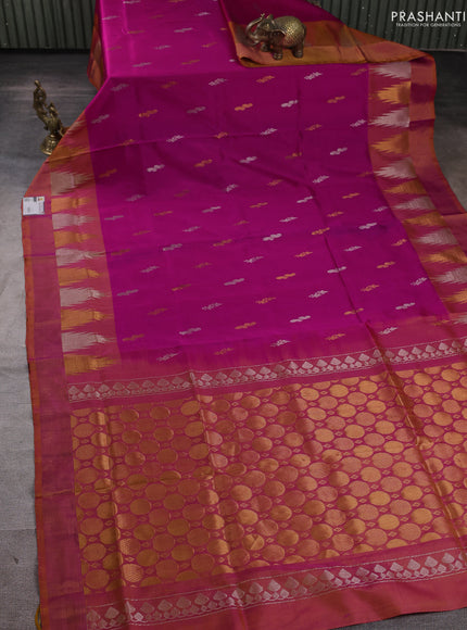 Pure uppada silk saree pink and dual shade of dark mustard with silver & gold zari woven buttas and temple zari woven border