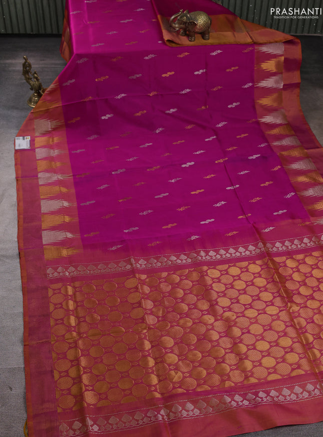 Pure uppada silk saree pink and dual shade of dark mustard with silver & gold zari woven buttas and temple zari woven border