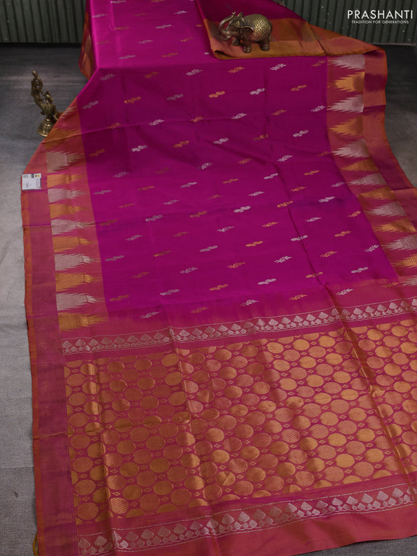 Pure uppada silk saree pink and dual shade of dark mustard with silver & gold zari woven buttas and temple zari woven border