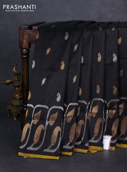 Pure uppada silk saree black and mustard yellow with silver & gold zari woven buttas and long zari woven border