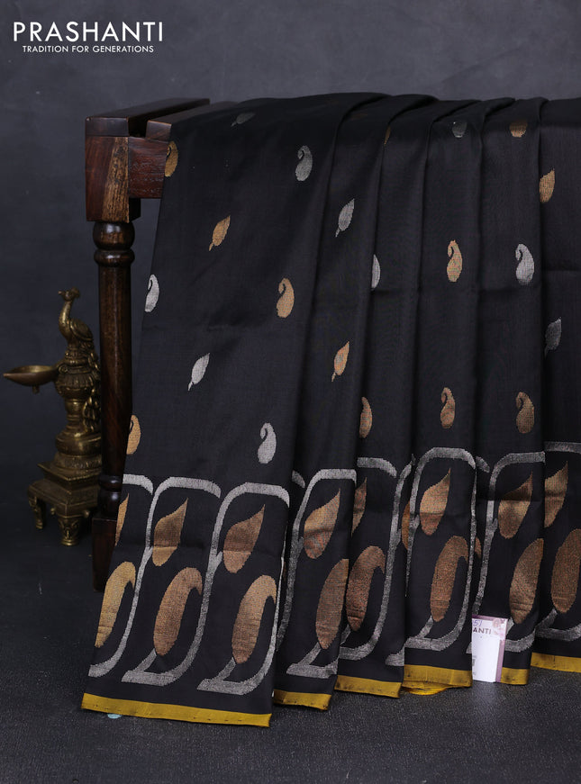 Pure uppada silk saree black and mustard yellow with silver & gold zari woven buttas and long zari woven border