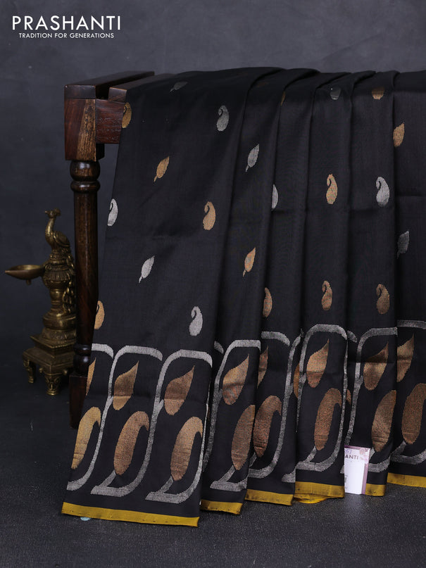Pure uppada silk saree black and mustard yellow with silver & gold zari woven buttas and long zari woven border