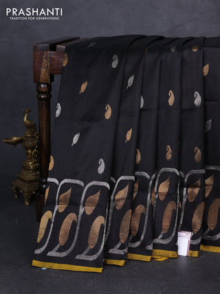 Pure uppada silk saree black and mustard yellow with silver & gold zari woven buttas and long zari woven border
