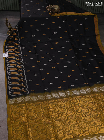 Pure uppada silk saree black and mustard yellow with silver & gold zari woven buttas and long zari woven border