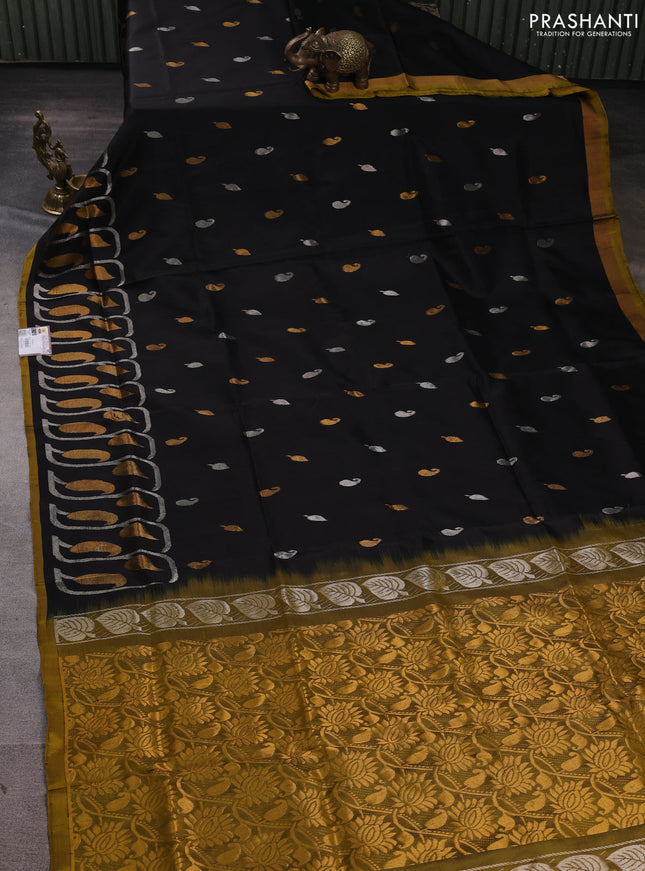 Pure uppada silk saree black and mustard yellow with silver & gold zari woven buttas and long zari woven border