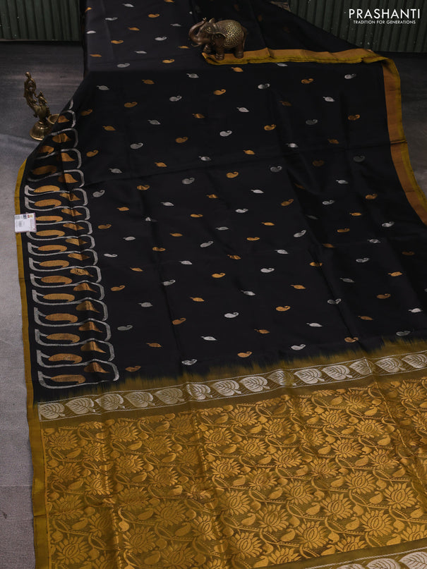 Pure uppada silk saree black and mustard yellow with silver & gold zari woven buttas and long zari woven border