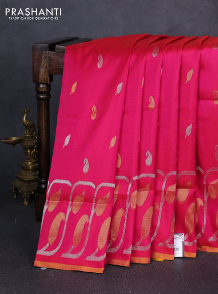 Pure uppada silk saree dual shade of pink and dual shade of yellow with silver & gold zari woven buttas and long zari woven border