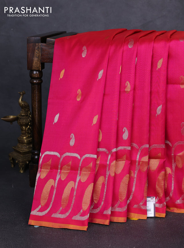 Pure uppada silk saree dual shade of pink and dual shade of yellow with silver & gold zari woven buttas and long zari woven border