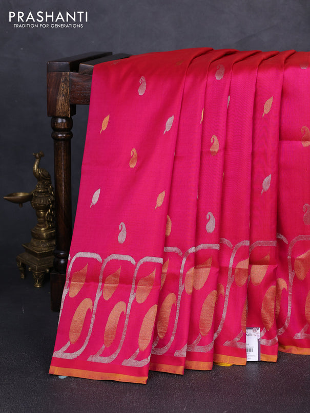 Pure uppada silk saree dual shade of pink and dual shade of yellow with silver & gold zari woven buttas and long zari woven border