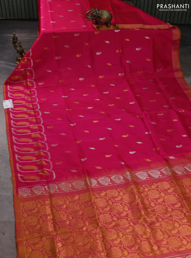 Pure uppada silk saree dual shade of pink and dual shade of yellow with silver & gold zari woven buttas and long zari woven border