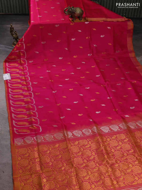Pure uppada silk saree dual shade of pink and dual shade of yellow with silver & gold zari woven buttas and long zari woven border