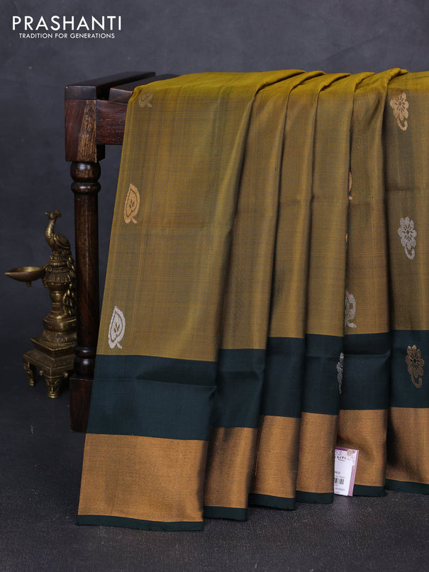 Pure uppada silk saree mustard green and peacock green with silver & gold zari woven buttas and zari woven border