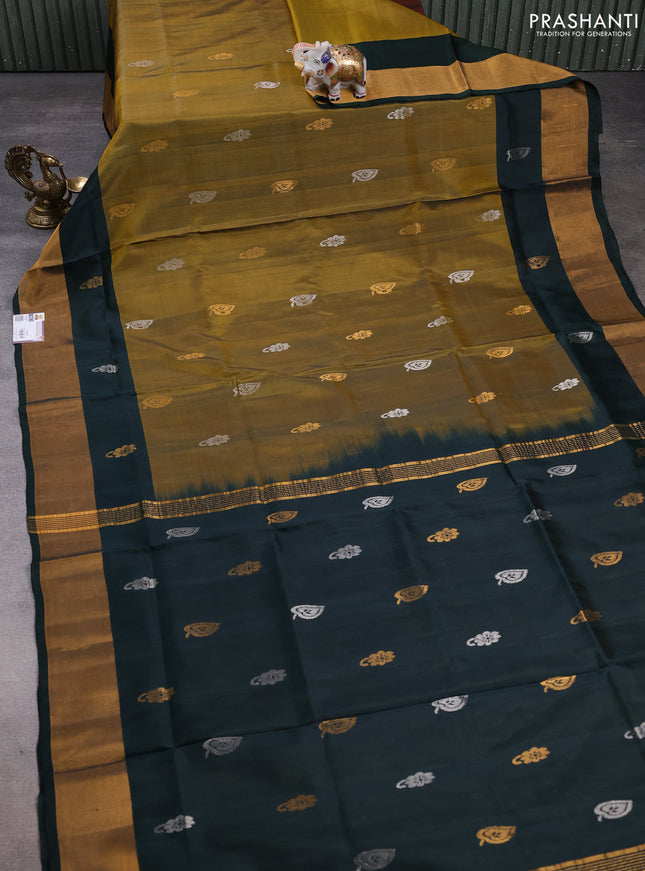 Pure uppada silk saree mustard green and peacock green with silver & gold zari woven buttas and zari woven border