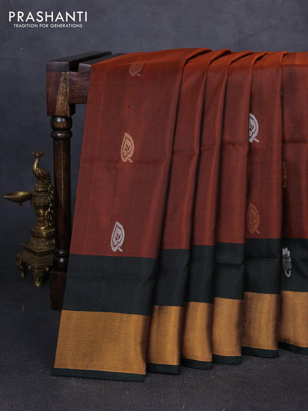 Pure uppada silk saree rust shade and bottle green with silver & gold zari woven buttas and zari woven border