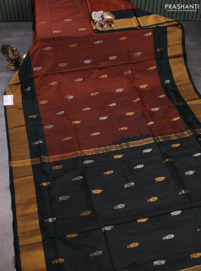 Pure uppada silk saree rust shade and bottle green with silver & gold zari woven buttas and zari woven border