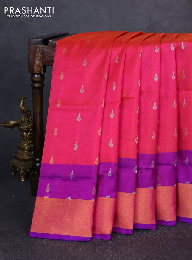 Pure uppada silk saree dual shade of pinkish orange and purple with silver & gold zari woven buttas and zari woven border