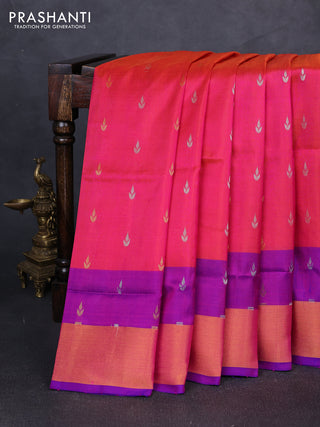 Pure uppada silk saree dual shade of pinkish orange and purple with silver & gold zari woven buttas and zari woven border