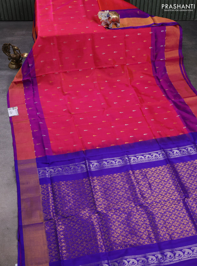 Pure uppada silk saree dual shade of pinkish orange and purple with silver & gold zari woven buttas and zari woven border