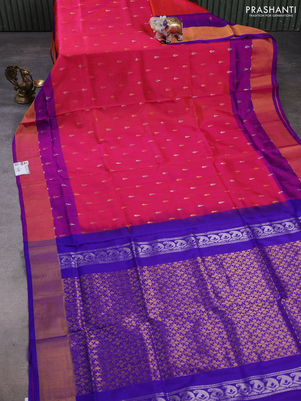 Pure uppada silk saree dual shade of pinkish orange and purple with silver & gold zari woven buttas and zari woven border