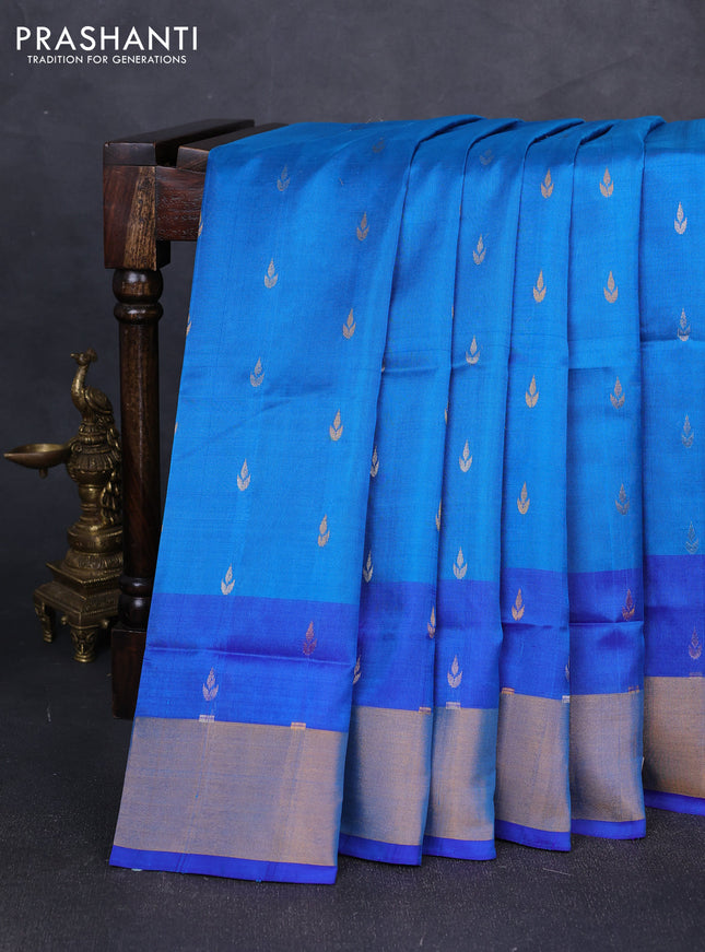 Pure uppada silk saree cs blue and blue with silver & gold zari woven buttas and zari woven border