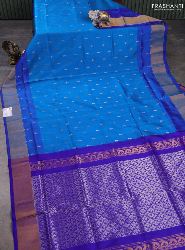 Pure uppada silk saree cs blue and blue with silver & gold zari woven buttas and zari woven border