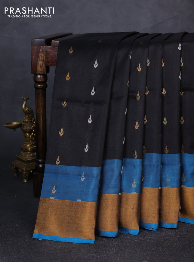 Pure uppada silk saree black and peacock green with silver & gold zari woven buttas and zari woven border