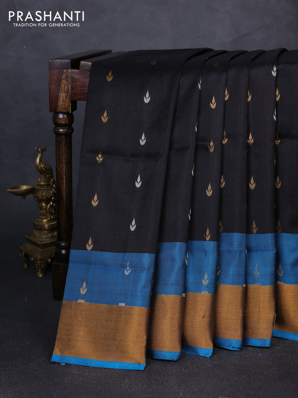 Pure uppada silk saree black and peacock green with silver & gold zari woven buttas and zari woven border