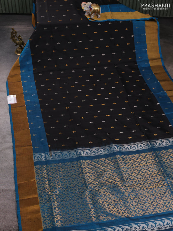 Pure uppada silk saree black and peacock green with silver & gold zari woven buttas and zari woven border